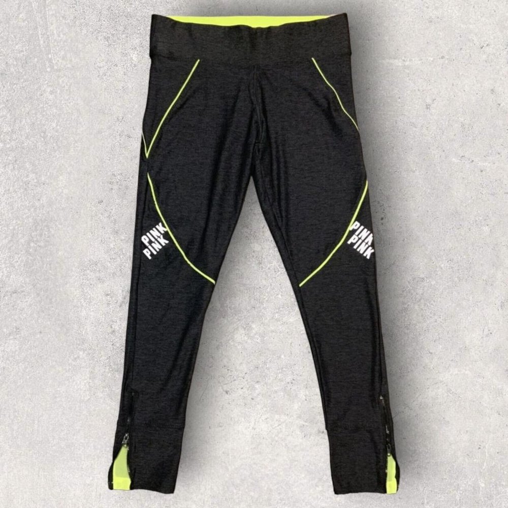 PINK Victoria's Secret Black & Neon Yellow Athletic Leggings